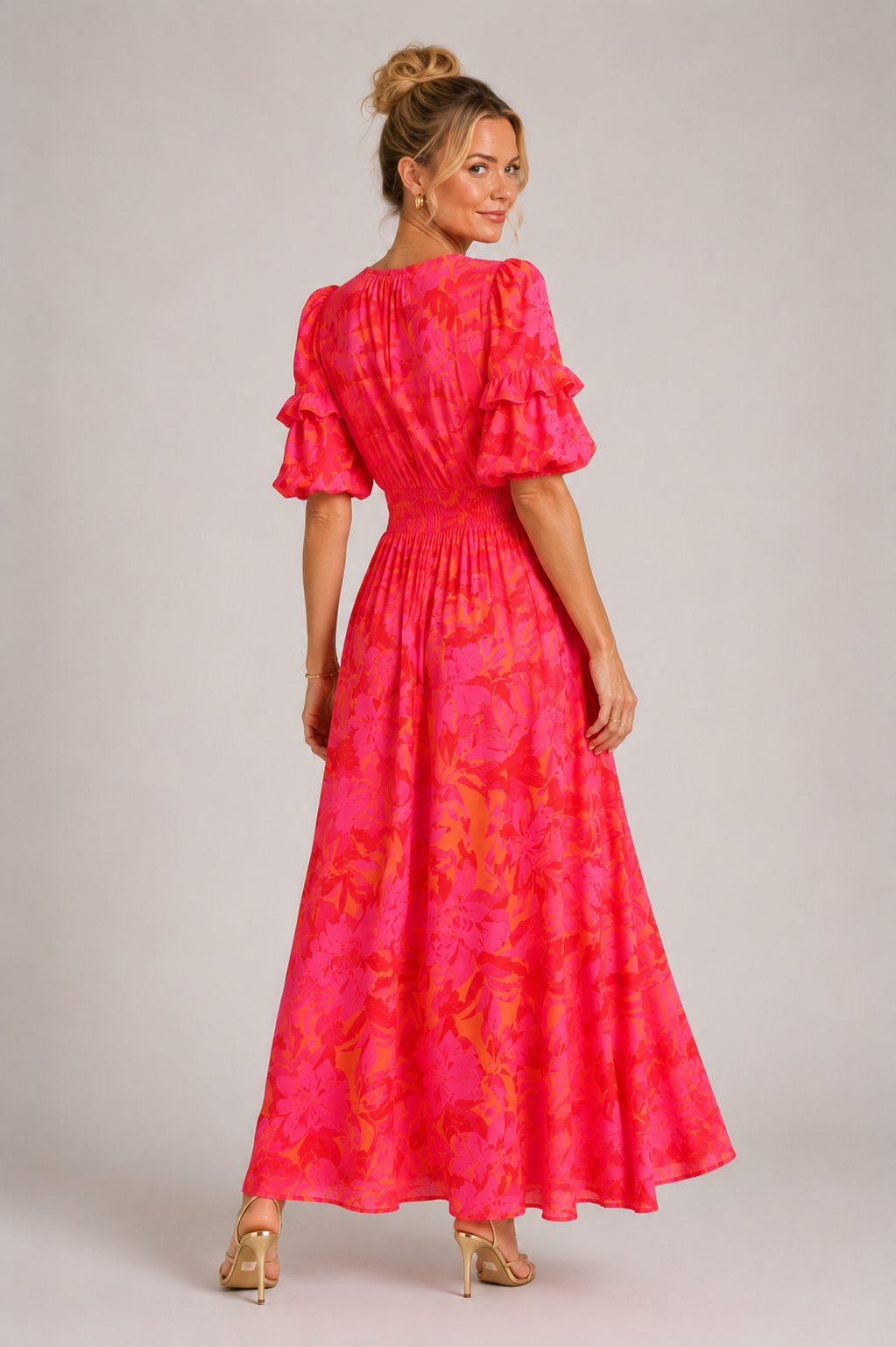 Zephyra - Women's Puff Sleeve V Neck Midi Dress-Women’s Dress-Lyrasue-Red-S-Lyrasue