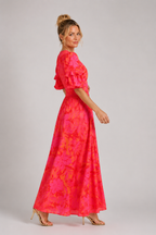 Zephyra - Women's Puff Sleeve V Neck Midi Dress-Women’s Dress-Lyrasue-Red-S-Lyrasue