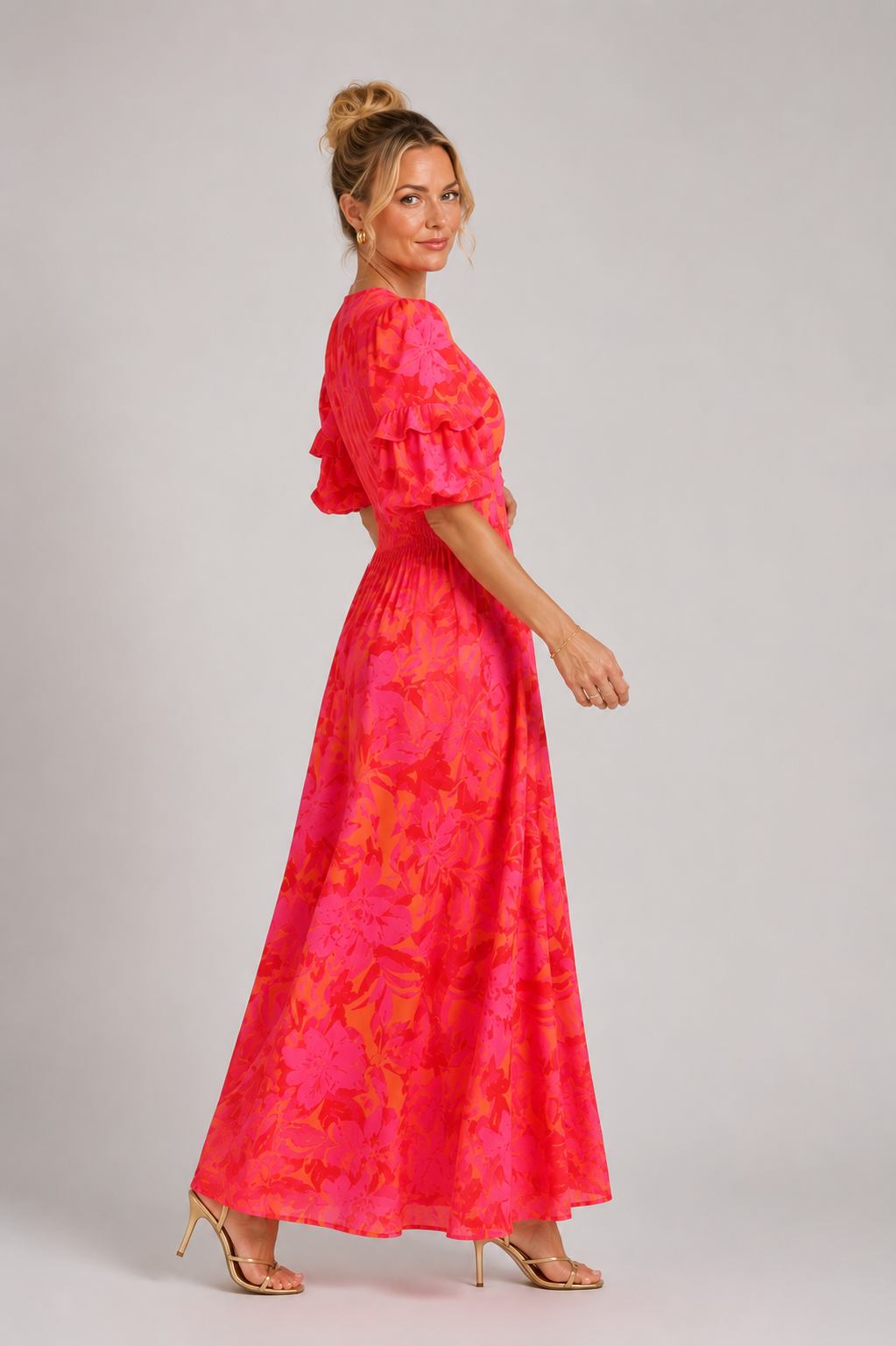 Zephyra - Women's Puff Sleeve V Neck Midi Dress-Women’s Dress-Lyrasue-Red-S-Lyrasue