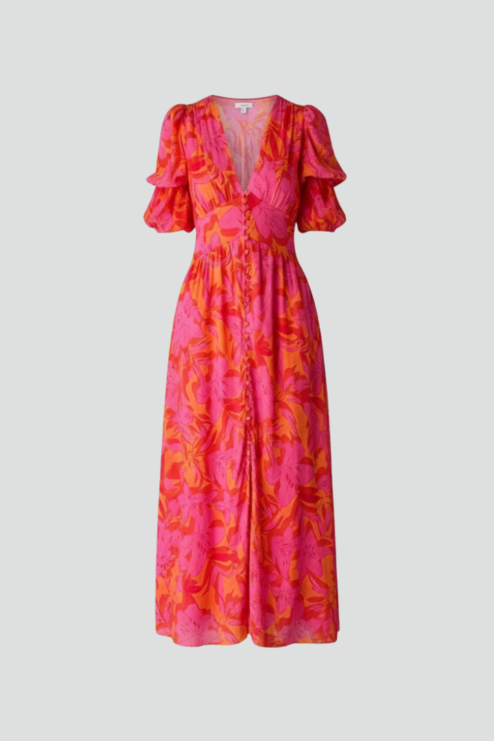 Zephyra - Women's Puff Sleeve V Neck Midi Dress-Women’s Dress-Lyrasue-Red-S-Lyrasue